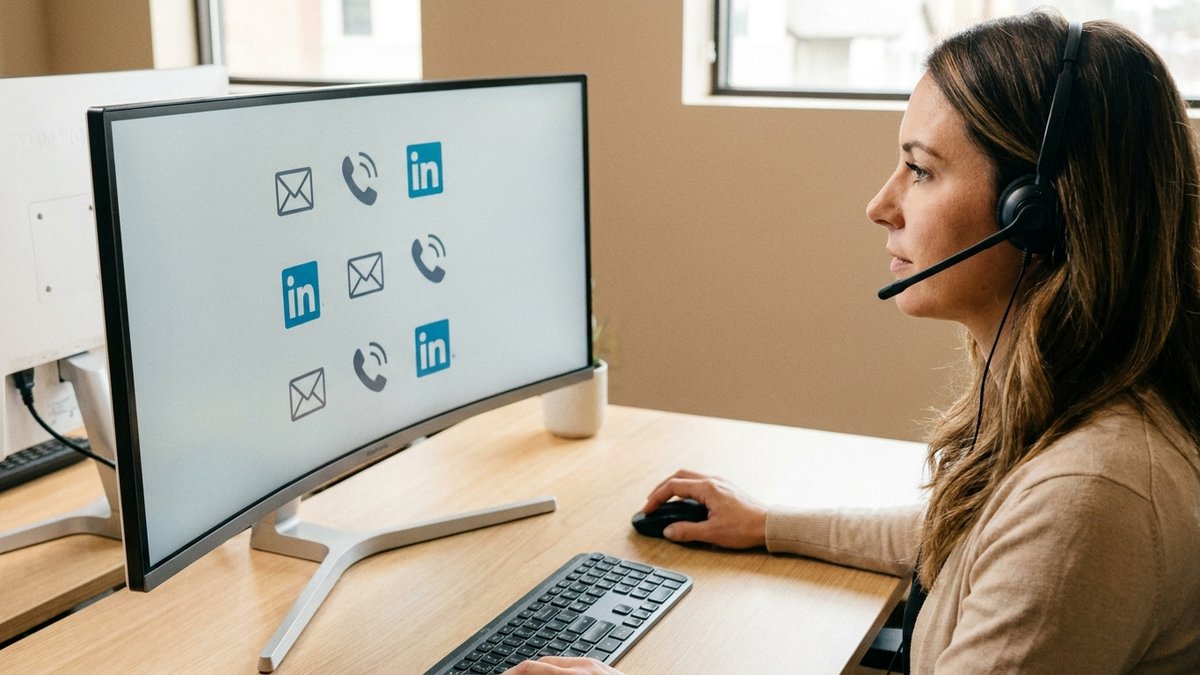 Sales development representative working across multiple outreach channels at a modern desk