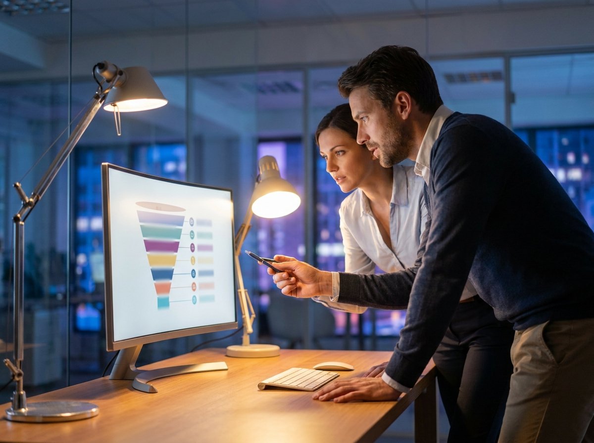 Two business professionals reviewing an outbound sales pipeline in a modern office